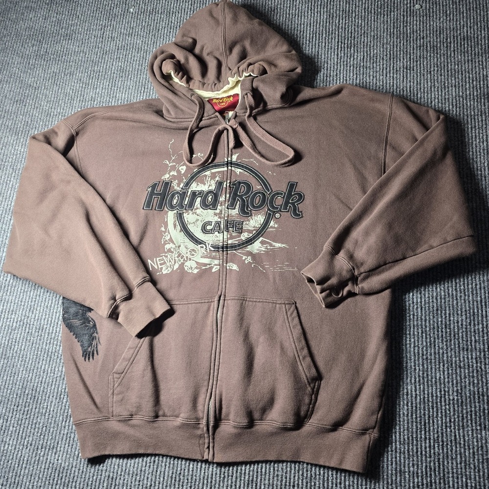 Vintage Hard Rock Cafe New York Brown Hoodie Full Zip Jacket Men's Size XL - Picture 1 of 7